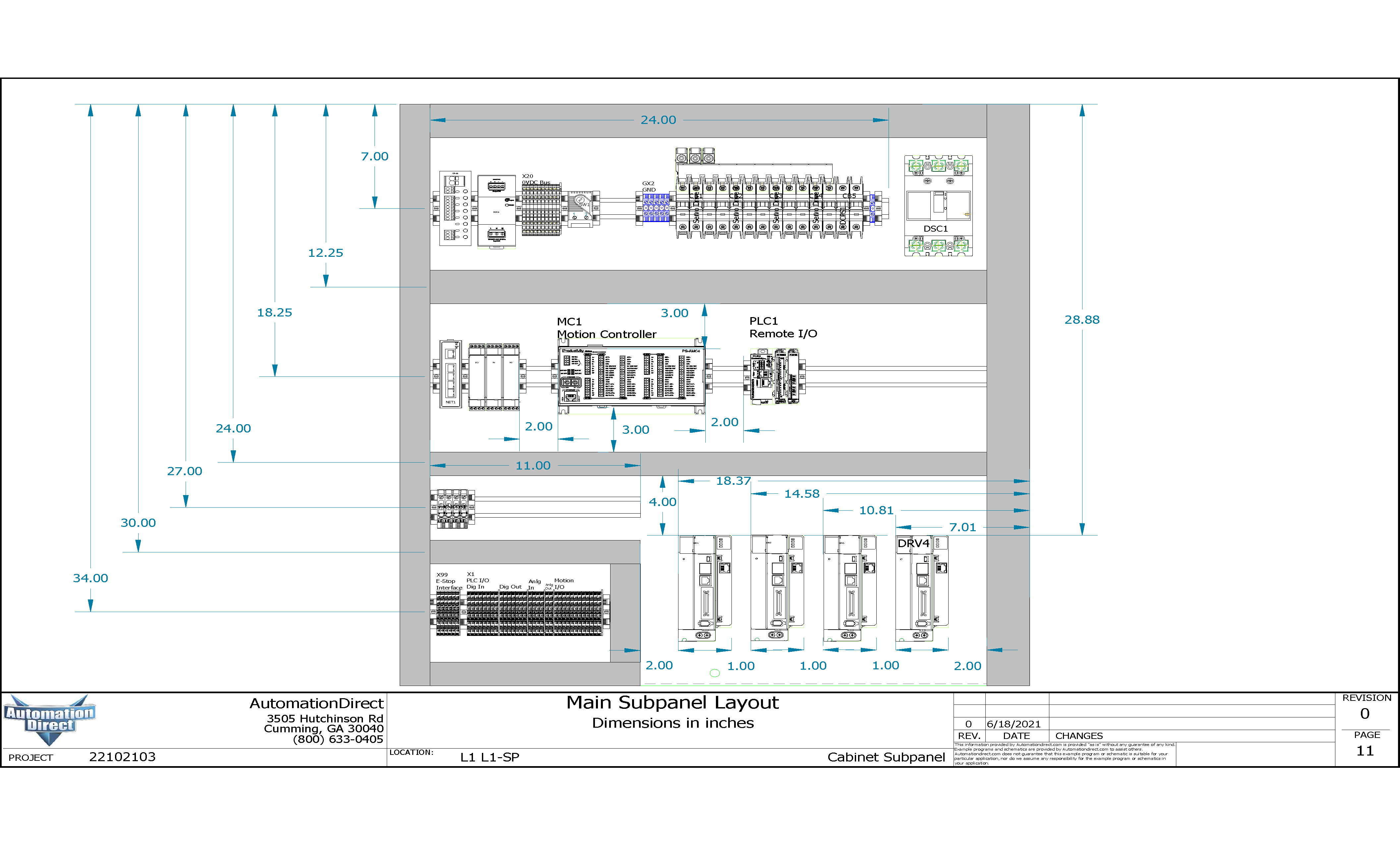 Figure 2: A comprehensive control panel drawing set includes carefully dimensioned layout drawings as shown here, and many other drawings and diagrams detailing the components, assembly, and wiring needs. Fig2_Panel_Design_R03_BOM_Page_09.png
