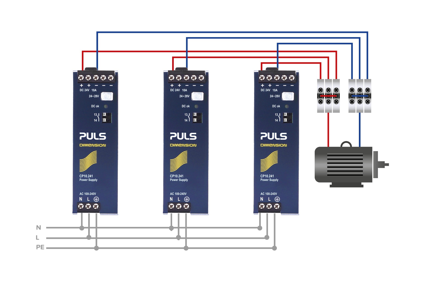 Graphic 2: The use of distribution terminals enables a higher total current. Solution with distribution terminals as an alternative to daisy chaining.