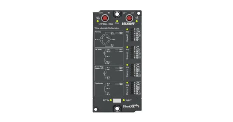 Beckhoff: EPP3504-0023 | EtherCAT P Box, 4-Channel Analog Input, Measuring Bridge, Full/Half/Quarter Bridge, 24 bit, 10 ksps, IP20 Connector